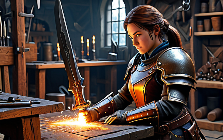 "Amélioration Normale" - Normal Enhancement**

A determined female video game character, fully clothed in modest, practical adventurer's gear (leather armor, sturdy boots), carefully examining a glowing weapon at a workbench in a fantasy blacksmith's workshop. Sparks are flying. Focus on detail and texture. Safe for work. Appropriate content. Perfect anatomy. Natural proportions. Family-friendly. High fantasy illustration style, professional quality. "Correct proportions"

**