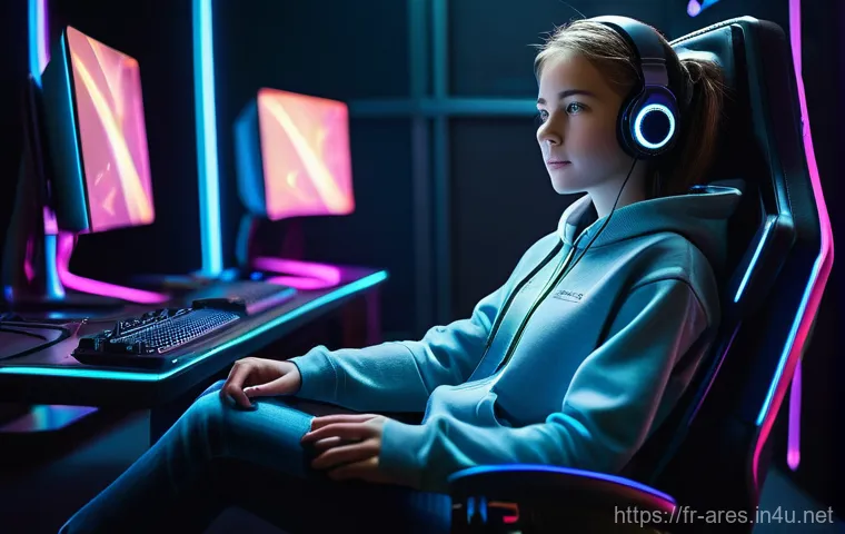 아레스 최고 레벨 달성 전략 - **Prompt:** A young, determined female gamer, in her late teens, sitting comfortably in a modern, su...