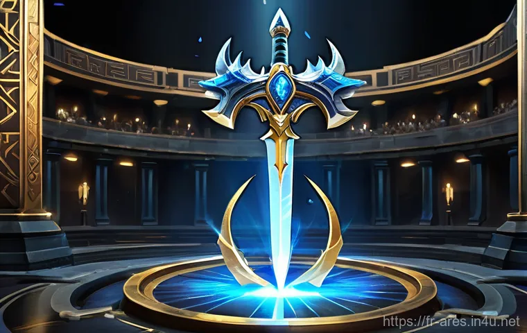 아레스 결투장 보상 - **Prompt:** A triumphant, gender-neutral hero stands center stage in a grand, ancient Ares Duel Aren...