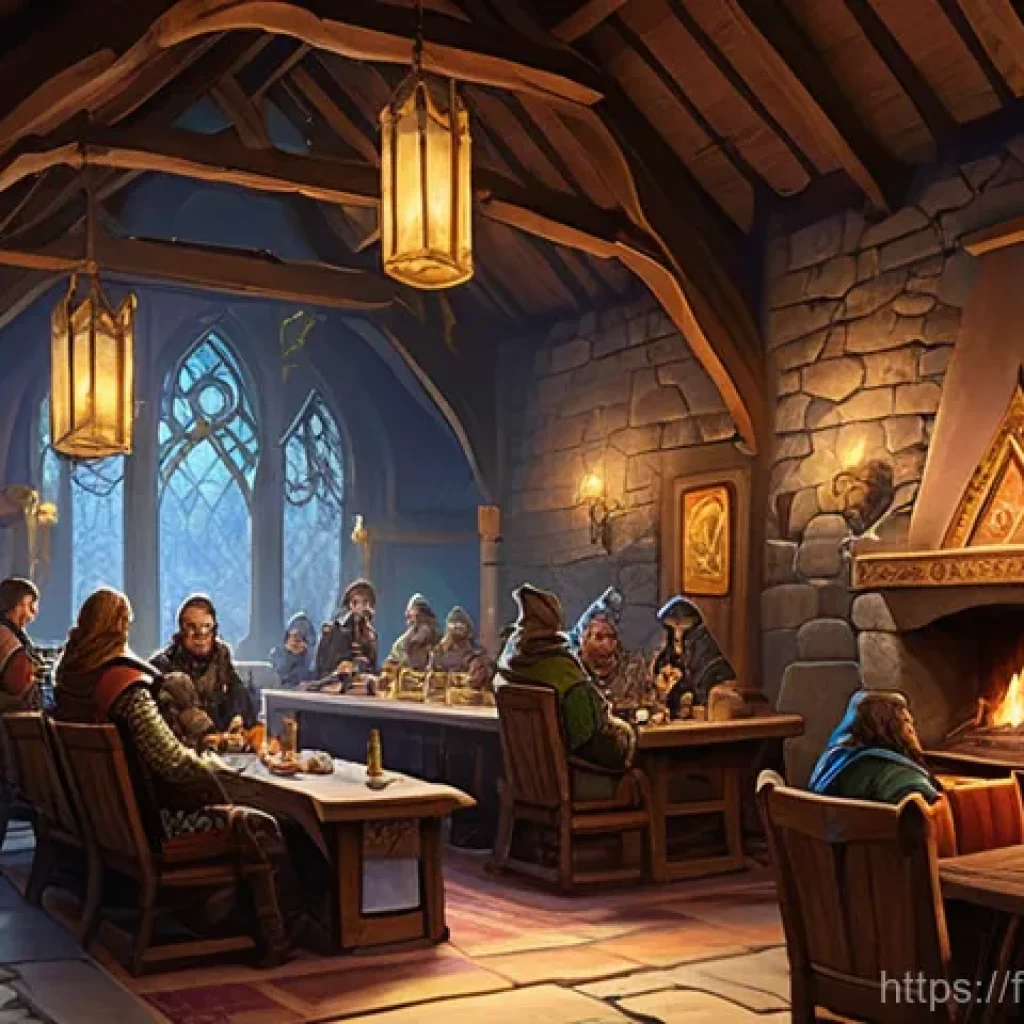 아레스 길드 관리 방법 - **Prompt:** A cozy and vibrant fantasy guild hall bustling with diverse guild members. A large, orna...