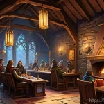 아레스 길드 관리 방법 - **Prompt:** A cozy and vibrant fantasy guild hall bustling with diverse guild members. A large, orna...