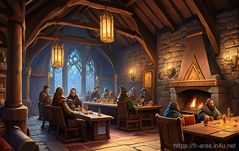 아레스 길드 관리 방법 - **Prompt:** A cozy and vibrant fantasy guild hall bustling with diverse guild members. A large, orna...