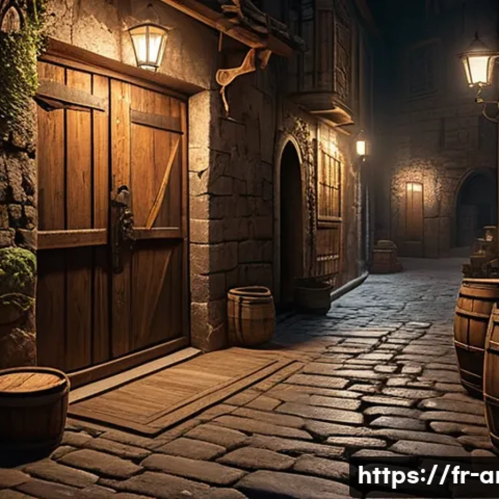 아레스 비밀 상점 위치 - A mysterious hidden shop entrance tucked away in a dimly lit narrow alley at night, old weathered st...