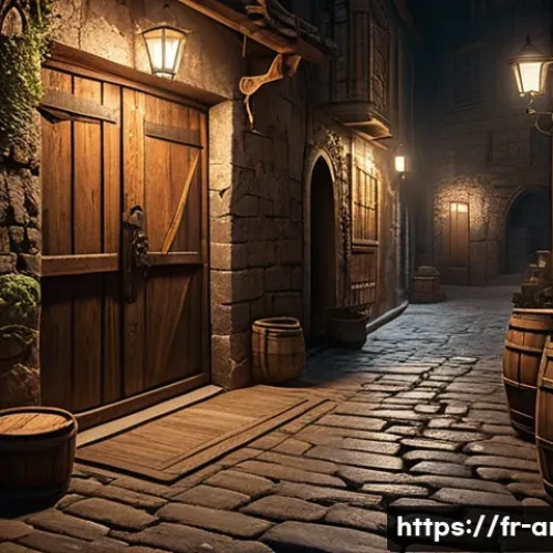 아레스 비밀 상점 위치 - A mysterious hidden shop entrance tucked away in a dimly lit narrow alley at night, old weathered st...