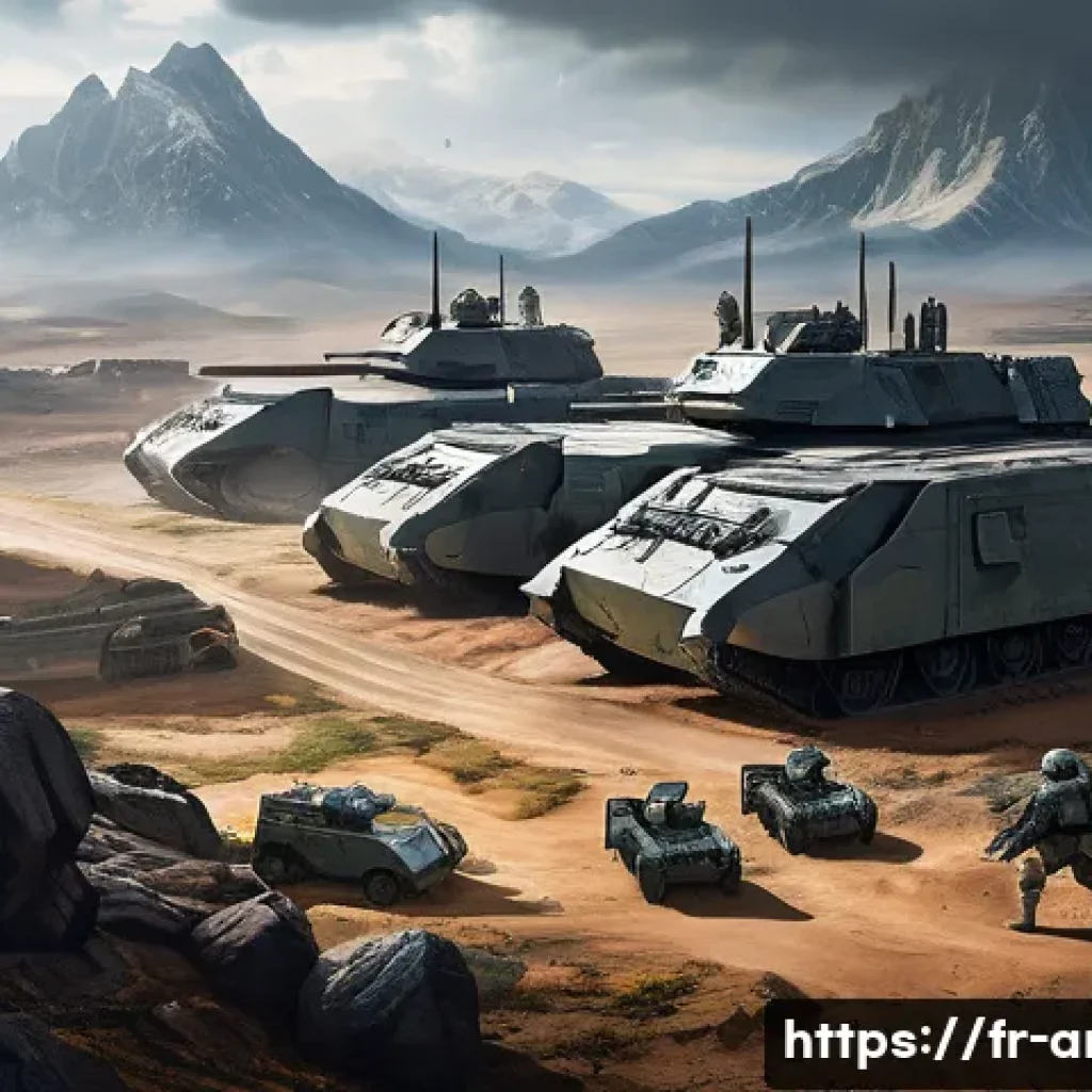 아레스 초보자 스토리 진행법 - A detailed futuristic battlefield scene in the universe of Ar&egrave;s, showcasing a strategic base with mu...