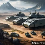 아레스 초보자 스토리 진행법 - A detailed futuristic battlefield scene in the universe of Ar&egrave;s, showcasing a strategic base with mu...
