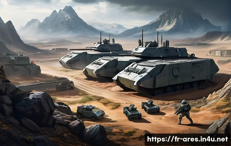 아레스 초보자 스토리 진행법 - A detailed futuristic battlefield scene in the universe of Ar&egrave;s, showcasing a strategic base with mu...