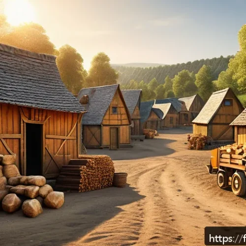 아레스 게임 경제 이해 - A detailed fantasy medieval base-building scene showing a balanced settlement focused on resource pr...