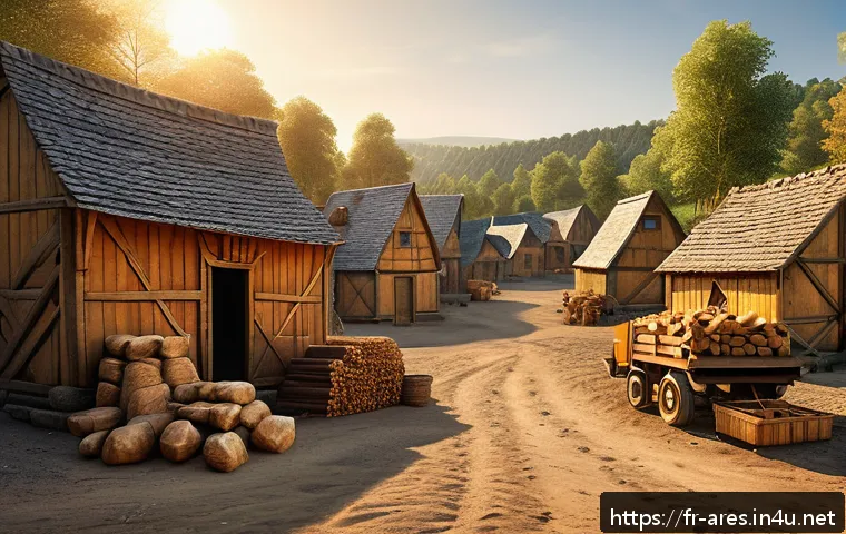 아레스 게임 경제 이해 - A detailed fantasy medieval base-building scene showing a balanced settlement focused on resource pr...