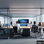 아레스 적응형 AI 특징 - A futuristic office environment showcasing an adaptive AI assistant interacting seamlessly with a di...