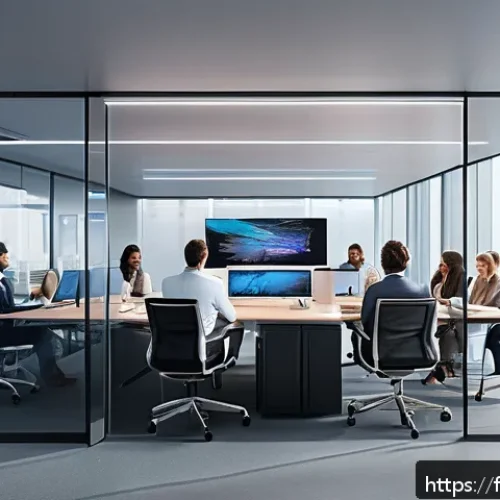 아레스 적응형 AI 특징 - A futuristic office environment showcasing an adaptive AI assistant interacting seamlessly with a di...