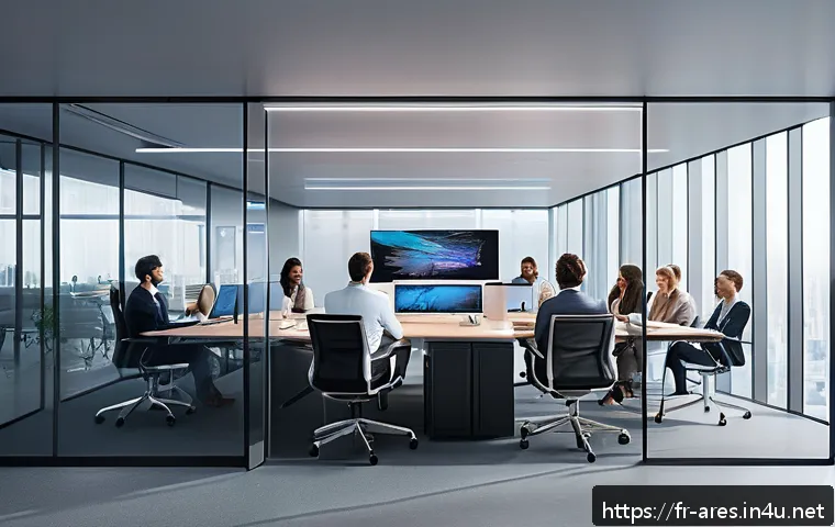 아레스 적응형 AI 특징 - A futuristic office environment showcasing an adaptive AI assistant interacting seamlessly with a di...