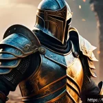 아레스 제작진 인터뷰 요약 - A hyper-realistic fantasy warrior in detailed armor with artistic stylized elements, standing in a d...
