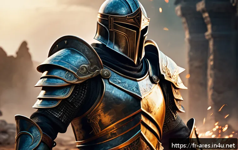 아레스 제작진 인터뷰 요약 - A hyper-realistic fantasy warrior in detailed armor with artistic stylized elements, standing in a d...