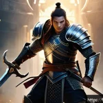 아레스 PvP 경기장 전략 - A dynamic PvP arena scene showcasing a skilled warrior adopting a thoughtful offensive posture: the ...