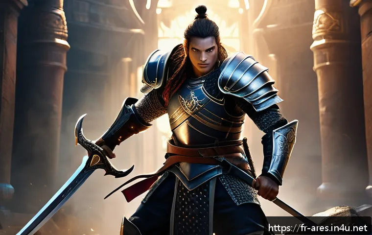 아레스 PvP 경기장 전략 - A dynamic PvP arena scene showcasing a skilled warrior adopting a thoughtful offensive posture: the ...