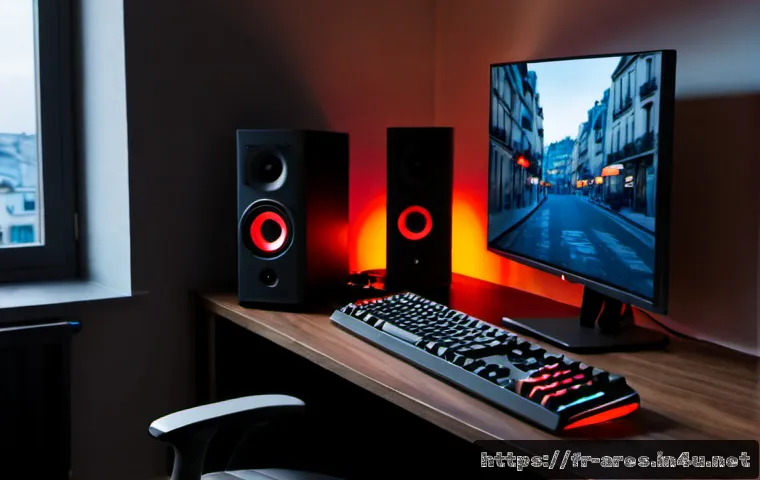 Home 17 아레스 추천 스펙 - Photorealistic high-end gaming setup in a modern French apartment, powerful desktop tower with subtl...