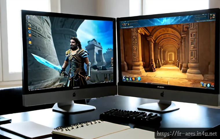 아레스 업데이트 내역 분석 - Photorealistic French gaming journalist at a clean home office in Paris, comparing two fantasy actio...